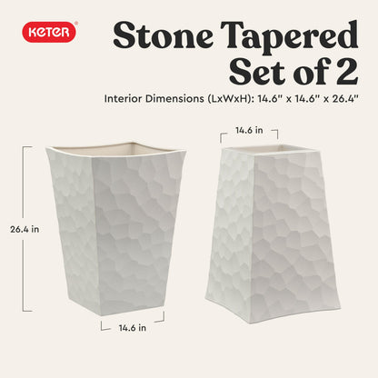 Keter Stone Tapered Planter Set of 2, Tall 26.4‑Inch Resin Outdoor Flower Pots with Stone‑Look Finish and 12.2‑Gallon Capacity, Cream