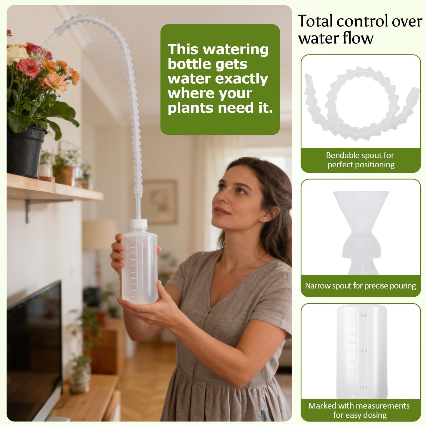 Squeeze Bottle for Hanging Plants - 16.9oz (500ml) 19.6 Inch Long Nozzle Watering Container with Adjustable Angle for Indoor & Outdoor Ceiling-Hung Plants