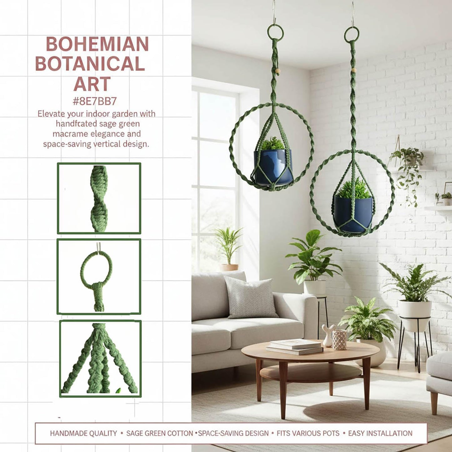 Macravine 2-Pack Handcraft Plant Hanger with Circular Ring, Hobo Art Planter Holder for Window, Macrame Plant Hanging Round, 2 Size 11.8"*23.6, 11.8 * 31.5", Green Color （No Pot and Plant Included