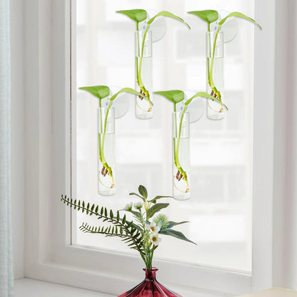 FOWSRHRG 4PCS Wall Hanging Planter Propagation Stations, Plant Tube with Suction Cup Hook, Test Tube Propagation Station Wall Clear Plant Vase No Nails with Bottle Brush Flower Plant Terrarium