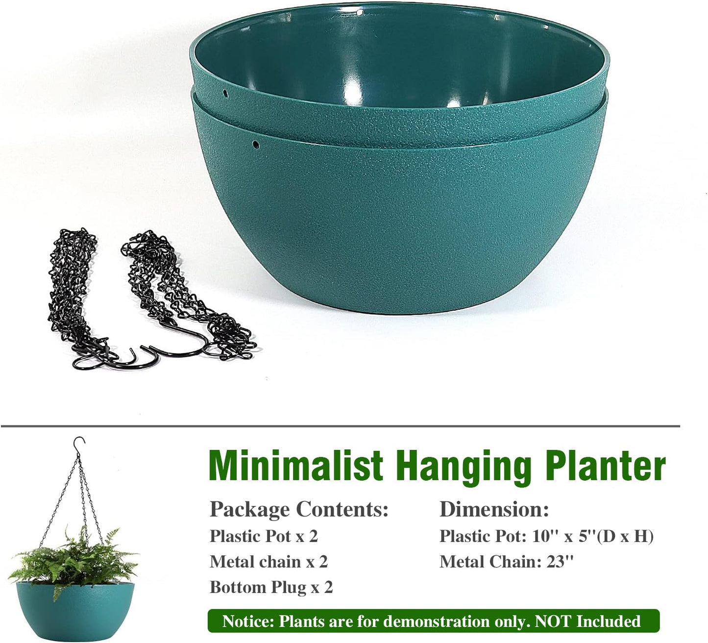 WSMKSZ 10 inch Hanging Planters for Outdoor Indoor Plants with Drainage Holes and Chain, 2 Pack Round Hanging Flower Pots for Garden Home Porch Decor, Blue Green