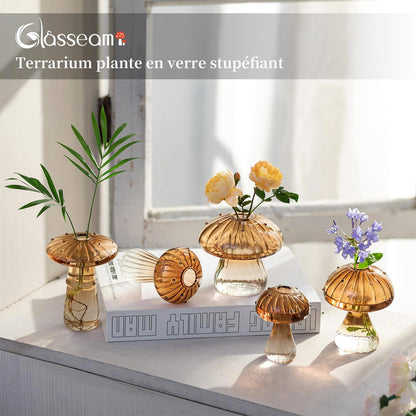 Glasseam Mushroom Plant Propagation Stations: Green Glass Terrarium Jar Set of 5 Cute Planters for Indoor Plants Mini Propagate Station Unique Christmas Birthday Gifts for Women Home Office Decor