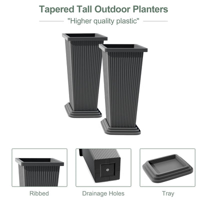 PolarcoForgeco Tall Outdoor Planters Set of 2, Large Flower Pots for Indoor Plants, 24 Inch Large Outdoor Planter for Front Porch, with Drainage Tray (Gray Ribbed)