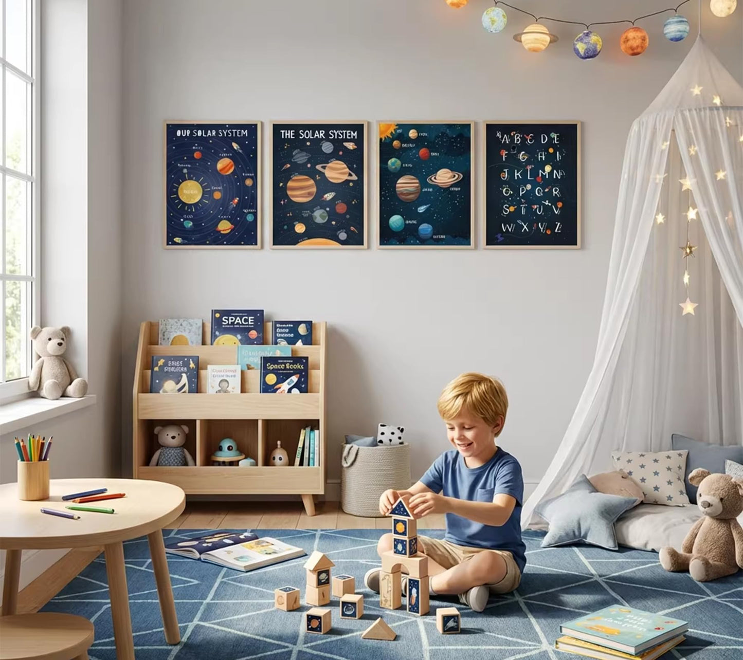 4Pcs Space Nursery Canvas Wall Art, Preschool Education Painting Picture Wall Decor, Solar System Poster Print Artworks for Classrooms, Nurseries, Children's Rooms, Playrooms, Home Decoration 12x16in