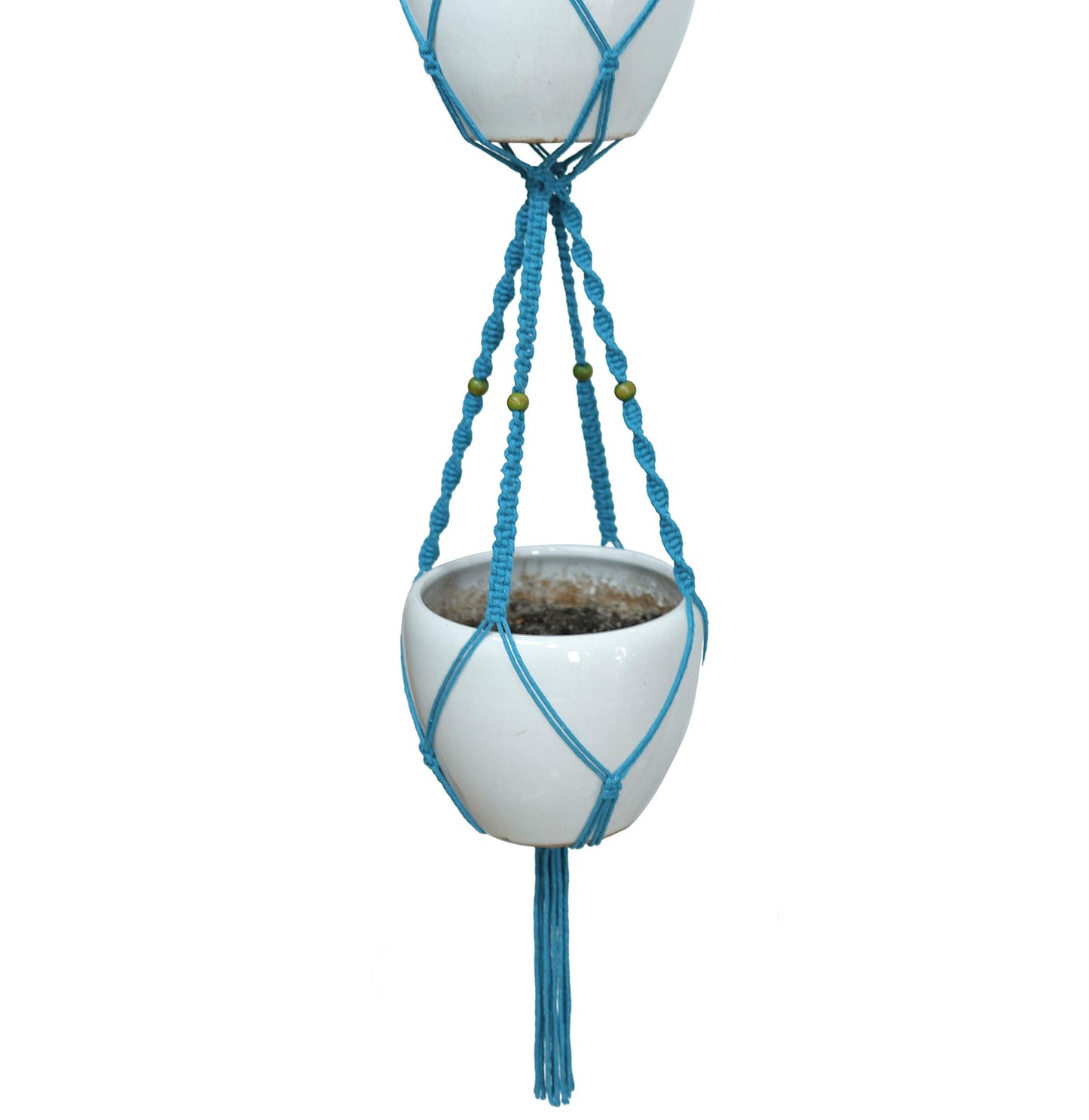 Macrame Plant Hanger & Holder, Hanging Planter 4 Legs Double Deck for 8 inch to 10 inch Two Pots Indoor Outdoor Hanging Planter Cotton Rope 67 Inch with Metal Ring (Cotton-Turquoise)
