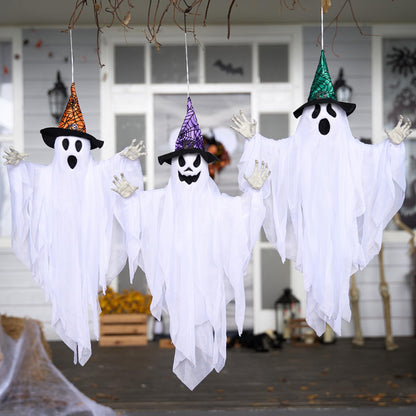 JOYIN 3 Pack 24.8" Halloween Hanging Ghost Decorations, Halloween White Flying Ghosts with Hats for Haunted House Graveyard Scene, Spooky Indoor and Outdoor Decor