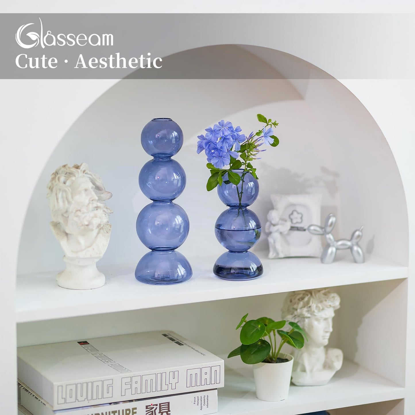Glasseam Glass Bubble Vase, Cute Light Blue Vases for Flowers, Unique Small Flower Vases for Centerpieces, Ball Aesthetic Decorative Vase, Round Modern Vase for Home Decor Living Room Decorations