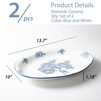 Magclay Ceramic Serving Platter, 13.7 Inch Large Oval Serving Trays, Dinner Plates, Dish Set for Dessert Appetizers Meat/Entertaining/Party, Blue and White, Set of 2