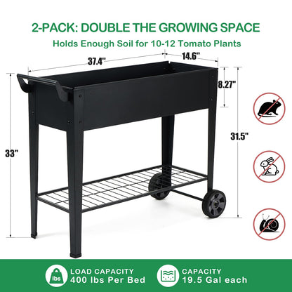FOYUEE 2-Pack 32”Height Elevated Raised Garden Bed with Wheels & Storage Shelf, 400 Lbs Capacity, Anti-Rust, Space-Saving Planter for Vegetables, Herbs, Patio, Balcony, Backyard