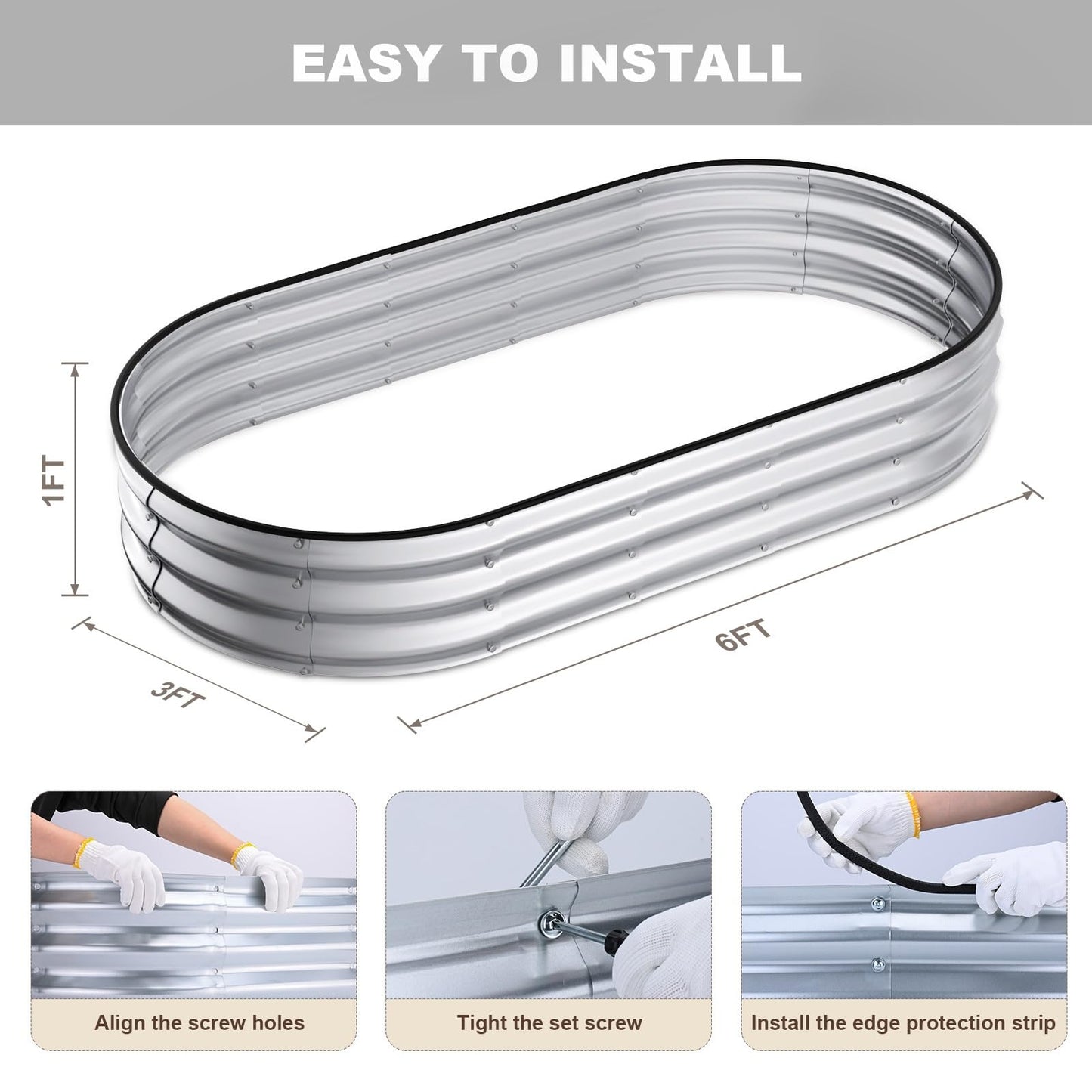 Patiobay Raised Garden Bed, 6x3x1ft Galvanized Outdoor Planter Beds with Safety Edging and Gloves, Oval Metal Planter Box for Gardening Vegetables Flowers Herb-Silver