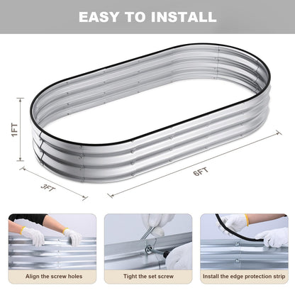 Patiobay Raised Garden Bed, 6x3x1ft Galvanized Outdoor Planter Beds with Safety Edging and Gloves, Oval Metal Planter Box for Gardening Vegetables Flowers Herb-Silver