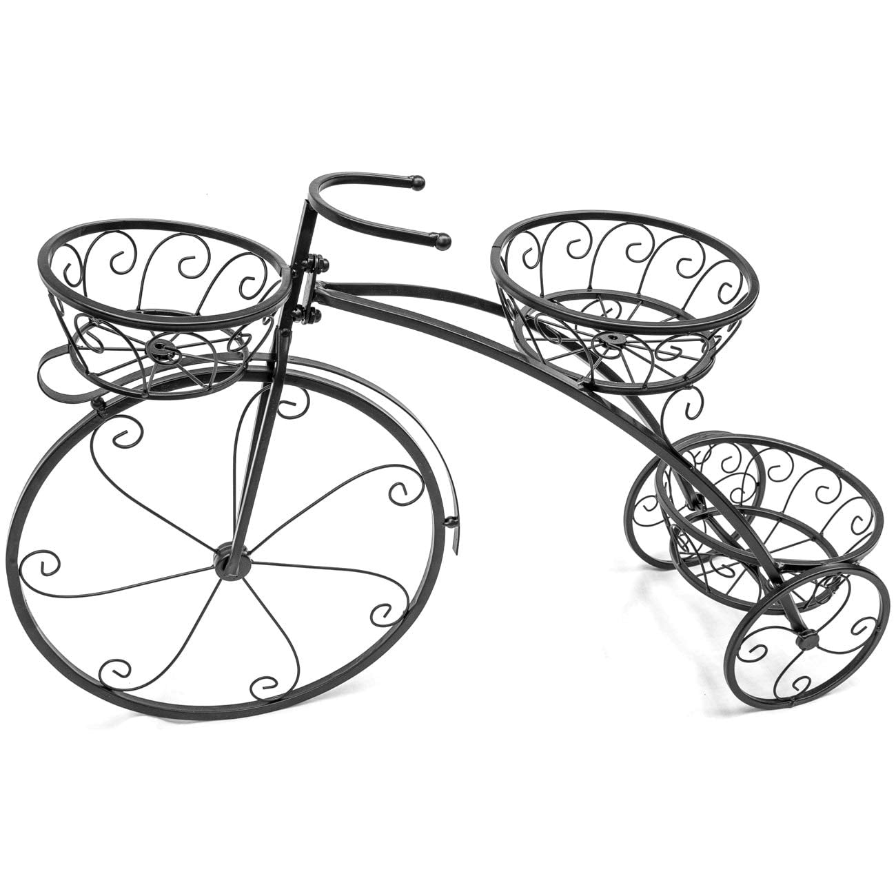 Tricycle Plant Stand - Flower Pot Cart Holder Parisian Style (Black) Black Modern Contemporary Round Metal