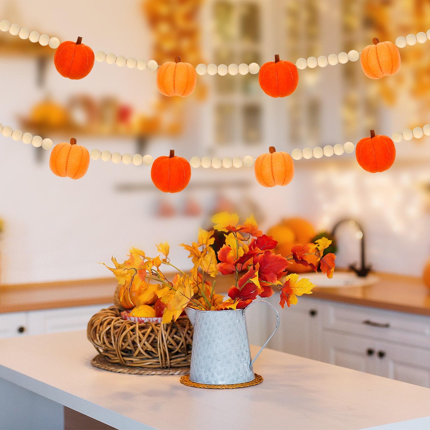 JarThenaAMCS Fall Felt Pumpkin Garland 8.2FT Wood Bead Garland with 3D Pumpkin Autumn Hanging Banner for Thanksgiving Home Wall Fireplace Decor