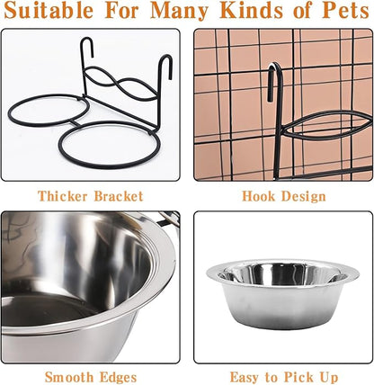 kathson Hanging Bird Bowls for Cage, 2 PCS Stainless Steel Metal Pet Food Water Dishes with Holder Feeder Cage Coop Hook Feeder Cups for Birds, Parrots, Small Sized Dogs and Cats(5.1 Inch Dia)