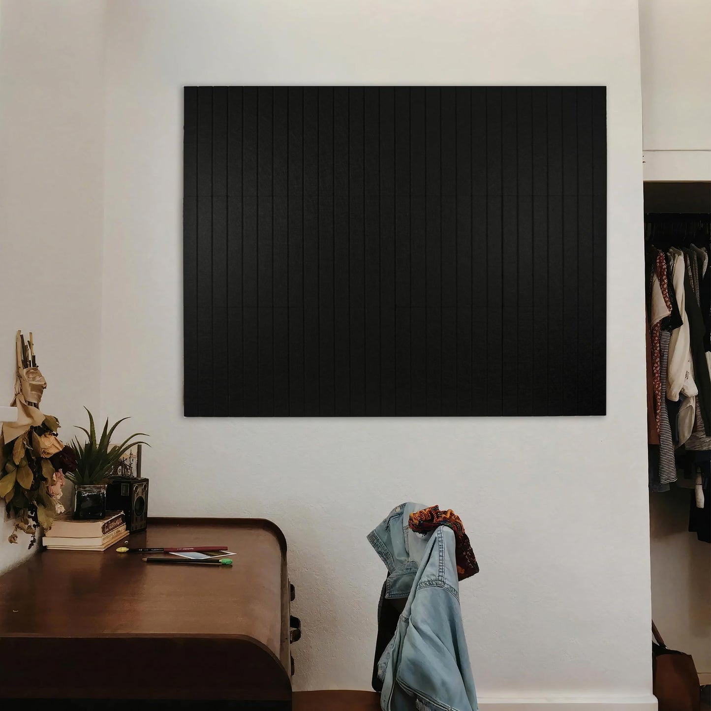 TENACR Cork Board Alternative-Felt Slat Wall Paneling,Office Bulletin Board for Decoration, Suitable for Displaying Photos and Documents, with Removable Adhesive Labels,12-Pack (Black)