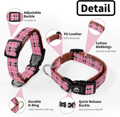 NESTROAD Dog Collar and Leash Set,Soft Neoprene Pet Collar with Quick Release Buckle,Adjustable Nylon Dog Collars for Small Medium Large Dogs(Small,Cherecked Pink)