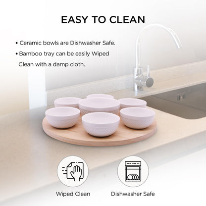 Rotating Bamboo Serving Tray with 6 Small Ceramic Condiment Bowls and 1 Larger Center Bowl - Lazy Susan Style Elegant Serving Set for Dips, Snacks, Appetizers, and More