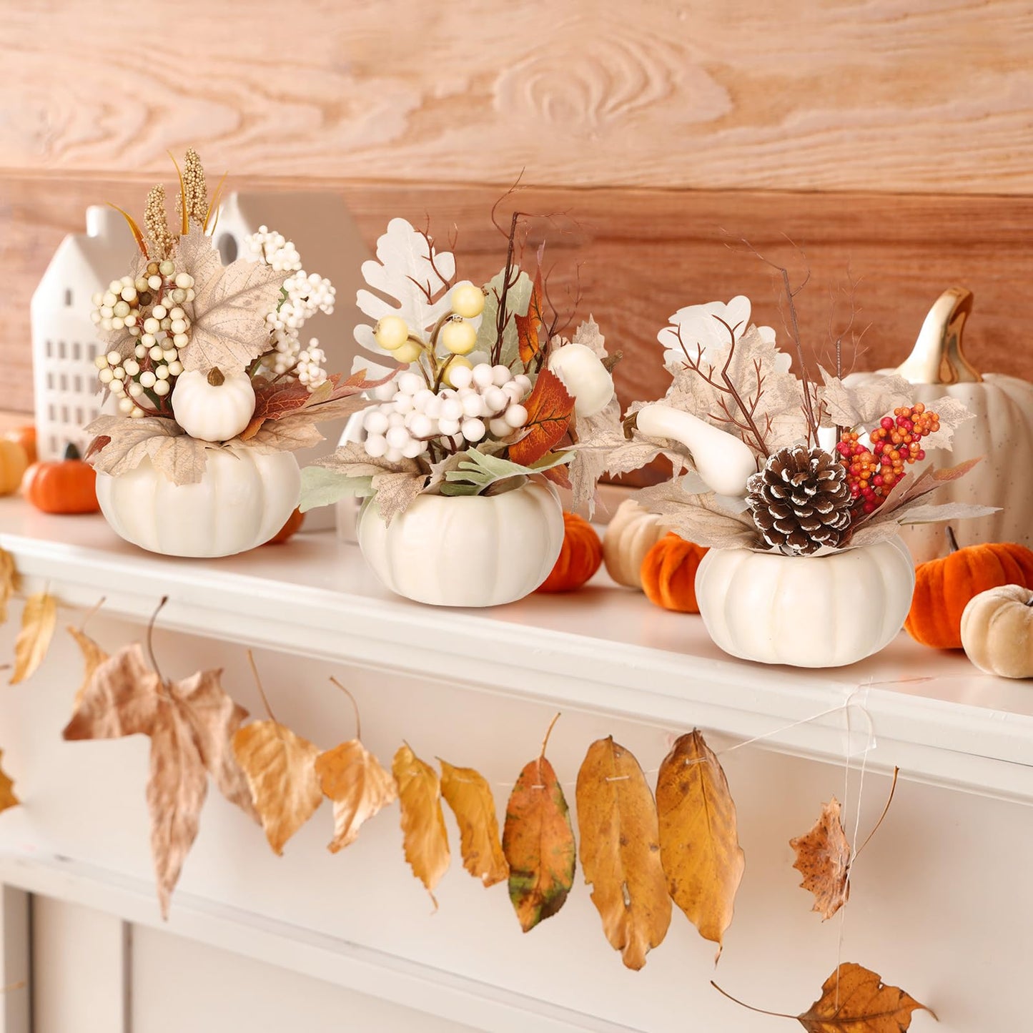Wavwavw 3 Pcs 9 Inch Fall Artificial Pumpkins Fake Pumpkin Centerpiece Decor Cozy Maple Leaves Styles Farmhouse Neutral Fall Decor Autumn Rustic Thanksgiving Decoration for Home(White)