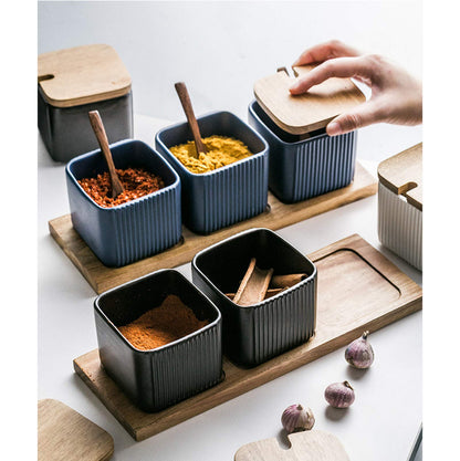 BIHOIB Black Porcelain Sugar Bowl Condiment Pot Salt Container with Wooden Lid, Spoon and Tray, Modern Spice Box Seasoning Jar, Set of 3