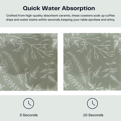 Hoomey Set of 6 Floral Sage Green Coasters with Holder, Absorbent Ceramic Drink Coasters with Cork Backing for Table Protection, Coffee Table Décor