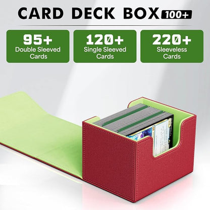 ZLCA Card Deck Box for Trading Cards, MTG Commander Deck Box Holds 120+ Single Sleeved Cards, Leather Magnetic Card Storage Box Fits for TCG CCG Magic Cards (Red&Green)