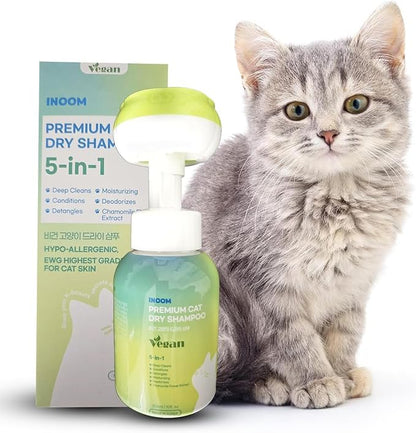 Korean Vegan Cat Dry Shampoo 300ml – Waterless Natural Foam Cleanser for a Kitten to Adult Cats,Soothing Damaged Skin, Removing Odors & Dander Reducing – Gentle & Waterless – Made in Korea