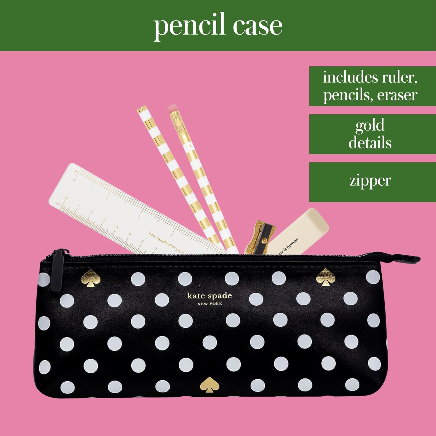 kate spade new york Pen and Pencil Case with Office Supplies, Zip Pouch Includes 2 Pencils, Sharpener, Eraser, and Ruler, Polka Dots (black/white)