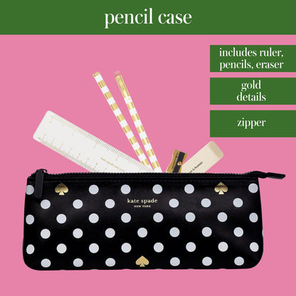 kate spade new york Pen and Pencil Case with Office Supplies, Zip Pouch Includes 2 Pencils, Sharpener, Eraser, and Ruler, Polka Dots (black/white)
