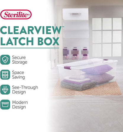 Sterilite 12-Pack 110 Quart ClearView Latch Box, Stackable Organizer Bins with Latching Lids - Clear Plastic Organization Containers for Closet, Bedroom, Shelving Units and Everyday Home Storage
