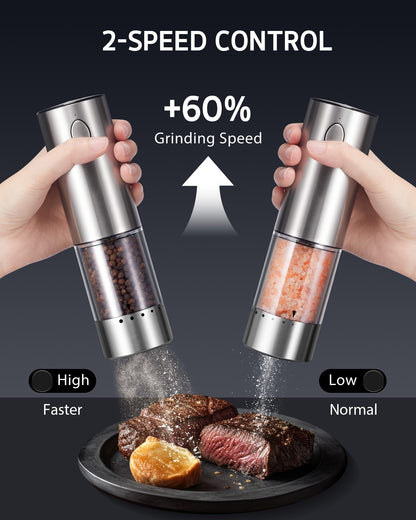 Syntus Electric Salt and Pepper Grinder Set USB-C Rechargeable, Stainless Steel Automatic Salt and Pepper Shakers with 6 Adjustable Coarseness High/Low Grinding Speed 95ML Large Capacity & LED Light