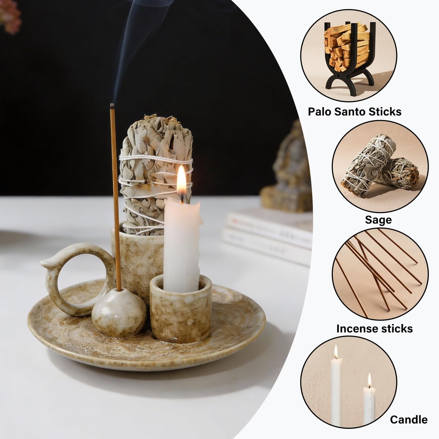 Tnstbiee 4.1-Inch 5-in-1 Ceramic Smudge Bowl-Versatile Incense Stick Holder and Smudging Dish for Palo Santo and Sage–Ideal for Zen Altar, Meditation,Yoga, and Aromatherapy–Easy to Clean Brown Design
