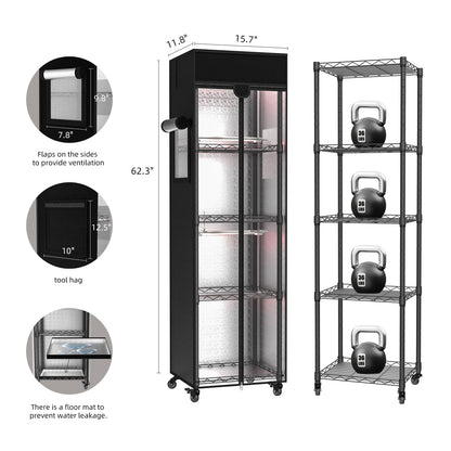 Aouipris Indoor Greenhouse with Grow Light, 5 Tier 15.7" L×11.8" W×62.3" H growtent with Lights, with 48W Full Spectrum Growing Lamps，Metal Indoor Plant Enclosure for Seed Starting