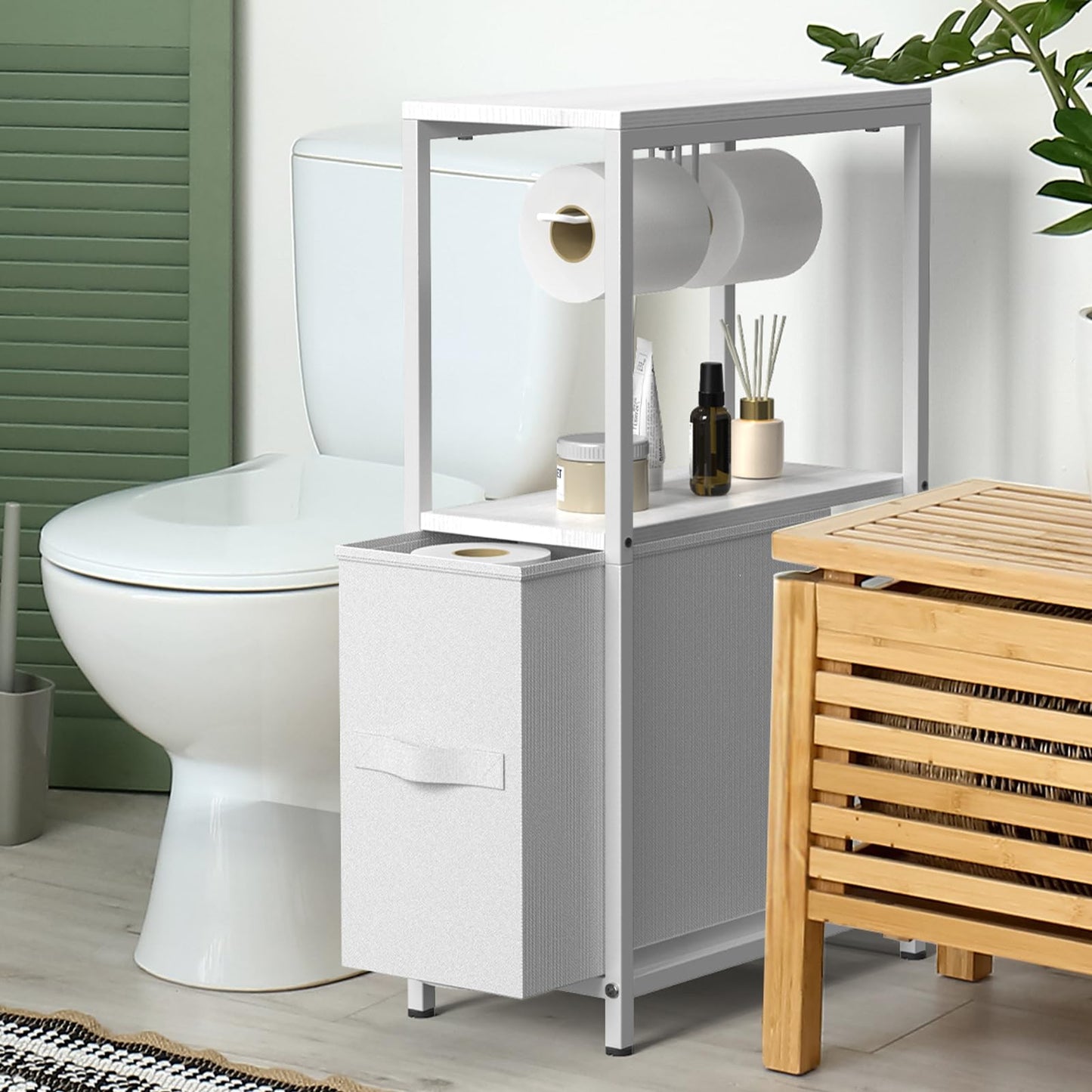 NOVIMANGO Slim Toilet Paper Storage Cabinet White, Toilet Paper Holder with Storage Bathroom Cabinet for Small Spaces Freestanding Tissue Stand with Drawer