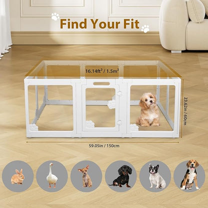 Clear Acrylic Dog Playpen Indoor with Door - Easy to Assemble Foldable Pet Playpen for Small Dogs, Cats, Rabbits, Ferrets - Small Animal Whelping Crate Kennel Fence