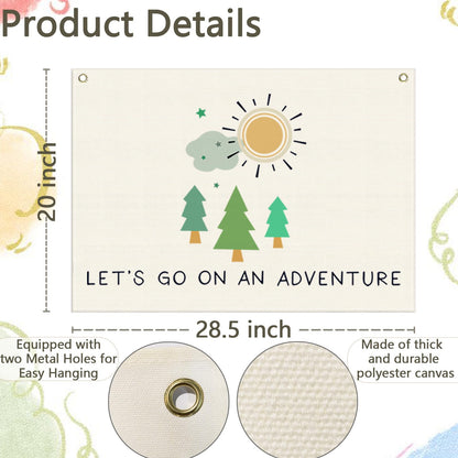 Nursery Canvas Rectangular Banner Flag Poster Wall Decor-Hanging Wall Decoration for Nursery Bedroom Playroom,Birthday Christmas Gift for Baby Kids Girl Boy Teen,Let’s Go On an Adventure 28.5"L×20"W