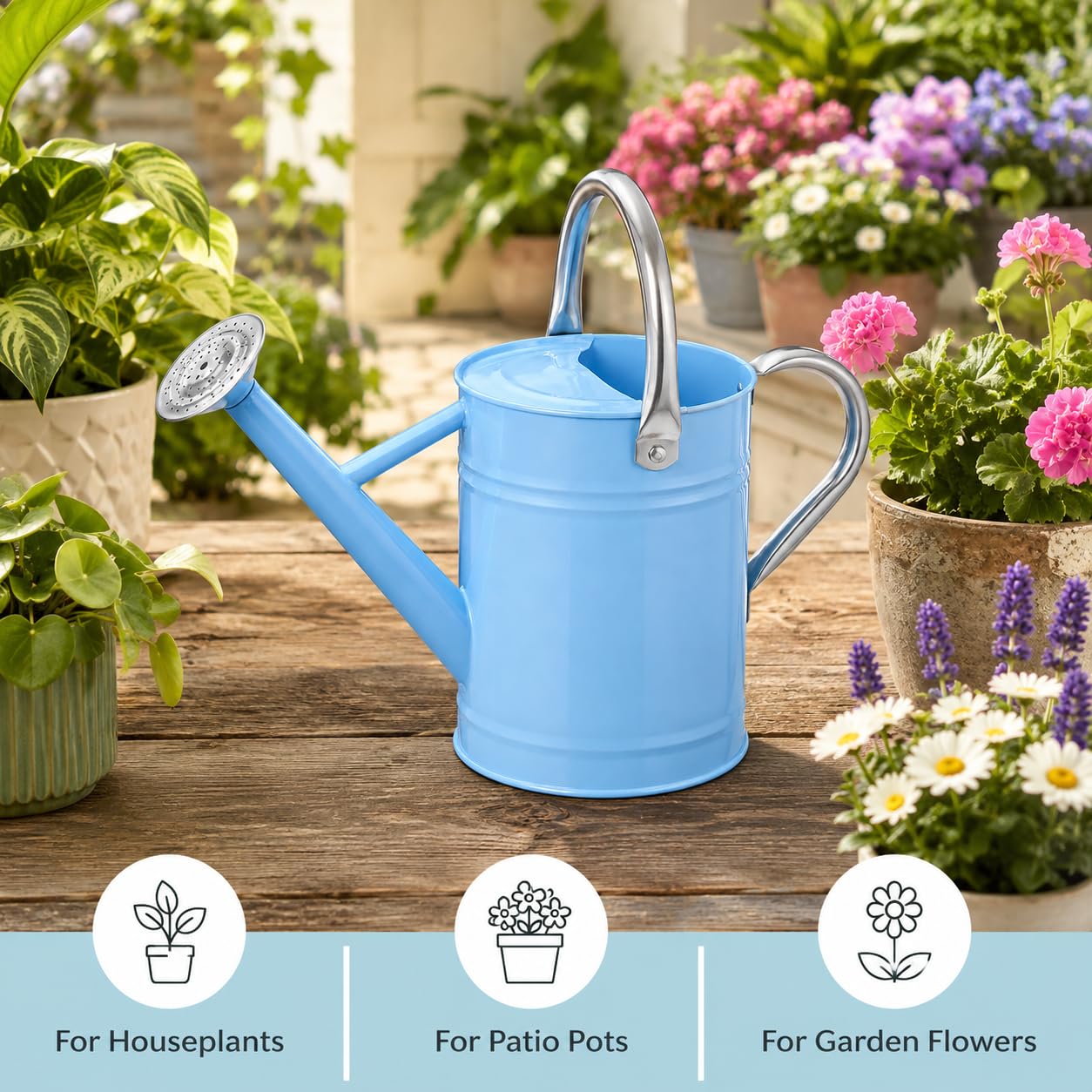 1 Gallon Metal Watering Can for Indoor Outdoor Plants, Galvanized Steel Watering Can with Removable Spout, 2 Stainless Steel Handles, Garden Flower Watering Pot