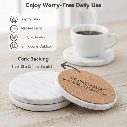 YONGHEE Soft White Marble Coasters Set of 6 with Holder, Elegant Drink Coasters for Coffee Table, 4" Polished Natural White Stone Coaster with Grey Veins - Heat Resistant, Non-Slip, Housewarming Gift