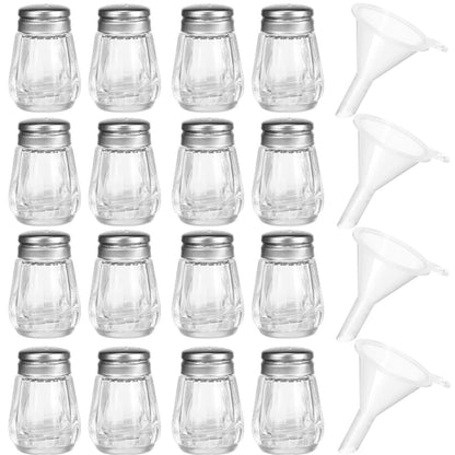 Potchen 0.5 oz Small Salt and Pepper Shakers with Funnels Clear Mini Glass Seasoning Jars Bulk Tiny Spice Glass for Wedding Party Restaurant Home Kitchen Travel Camp(Silver)