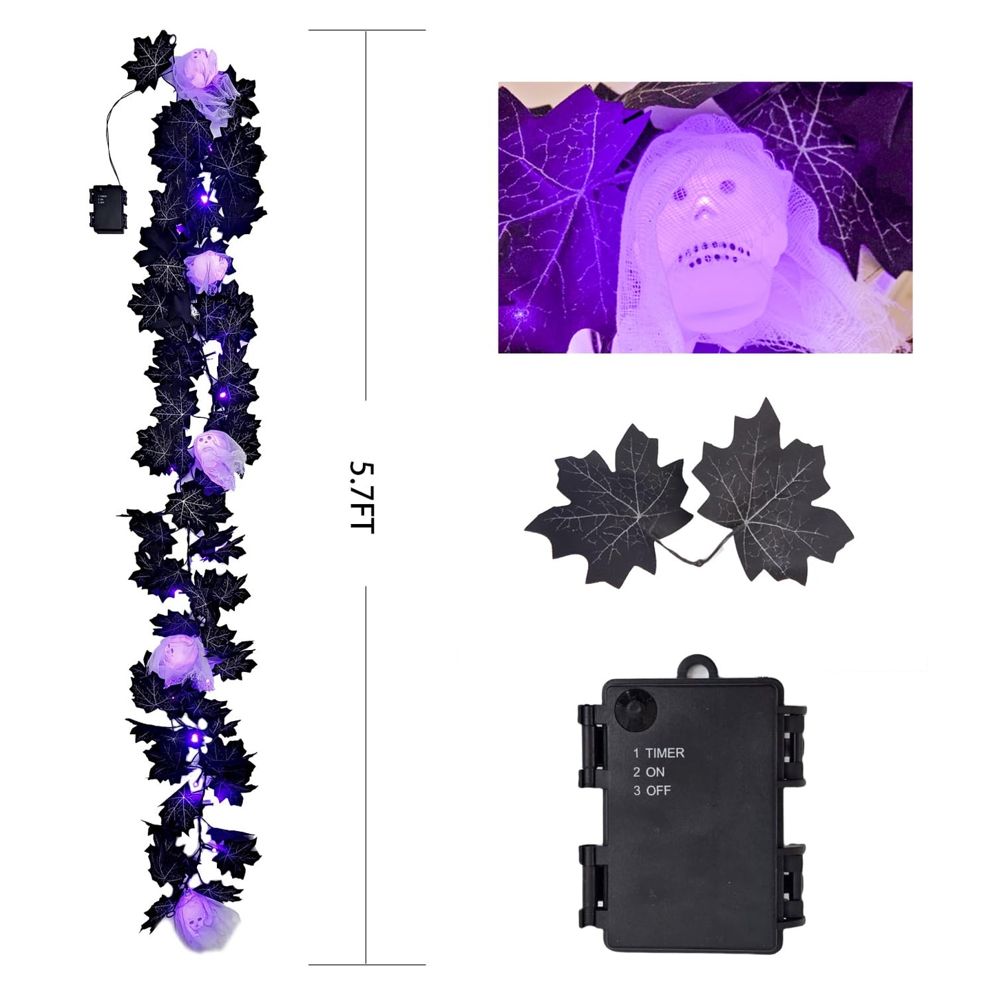Black Maple Halloween Garland Decor Purple Lights Artificial Wreaths for Wall Fireplace Outdoor Indoor Yard Haunted House Decoration (Skeleton Maple Garlands)