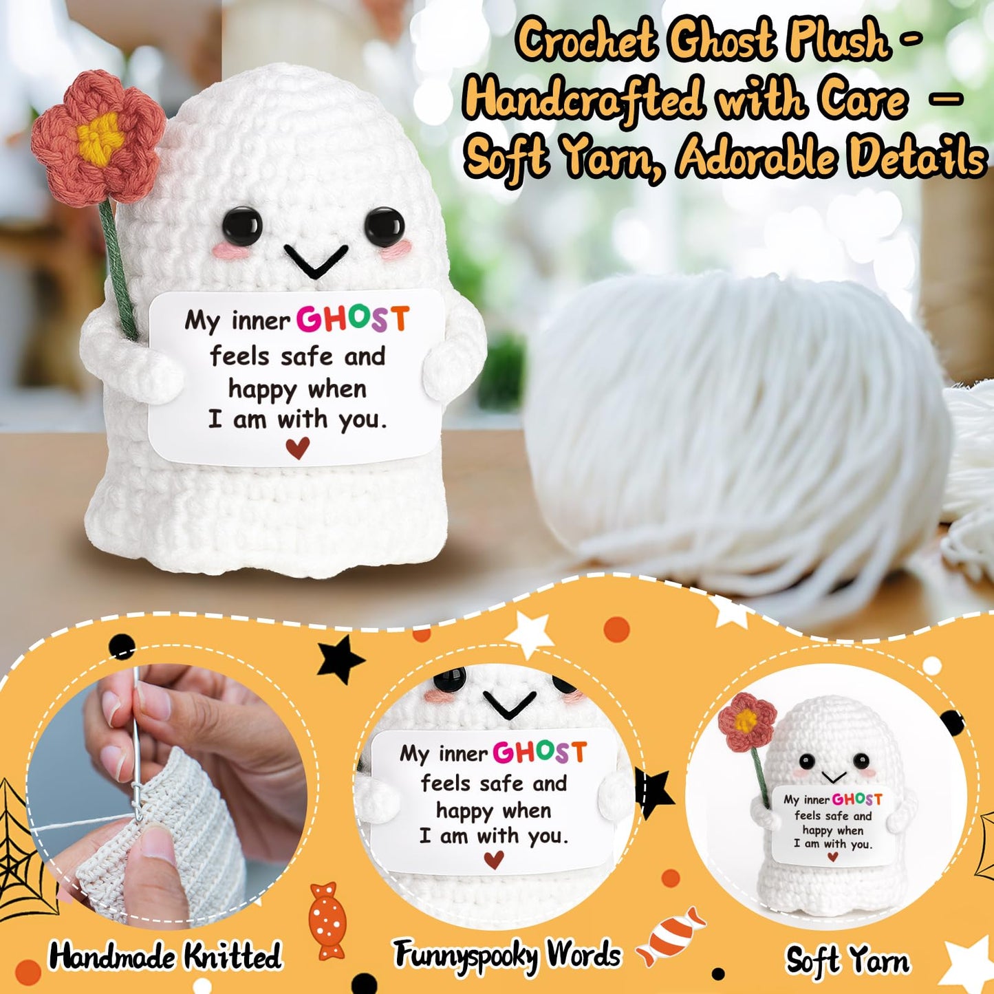 Frabaca Unique Birthday Gift for Women Bestie Friends – Handmade Crochet Ghost Ornament –Spooky Cute Friendship Keepsake for Halloween Christmas Stocking Stuffer Valentine Easter Basket