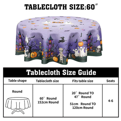 Ancordivo Halloween Round Tablecloth 60 Inch Purple Castle Spooky Pumpkin Ghost Bat Spider Web Table Cloth Rustic Holiday Table Cover for Kitchen Dinner Home Decor
