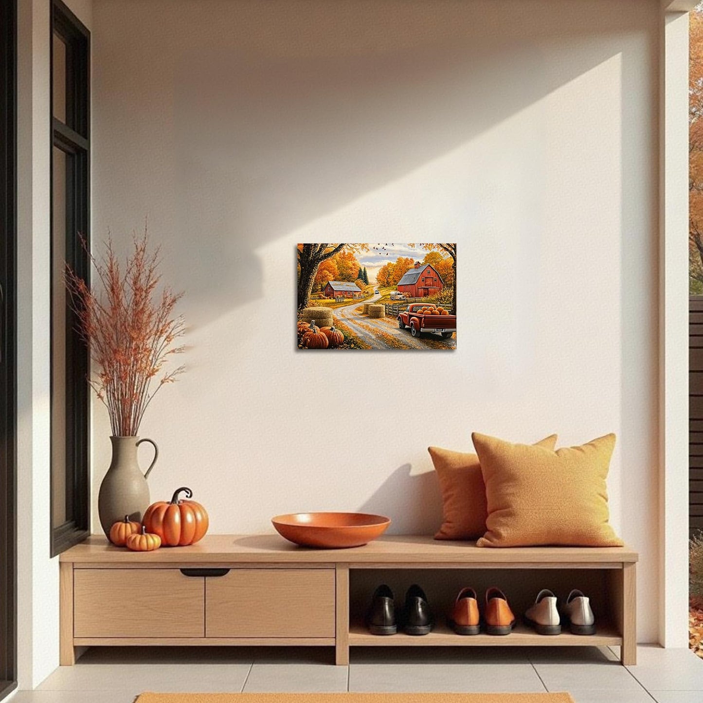 YMXDYMJSW Fall Pictures Wall Decor Pumpkin Wall Art Autumn Farmhouse Barn Canvas Prints Country Landscape Paintings for Thanksgiving Kitchen Framed (Orange,18L x 12W)