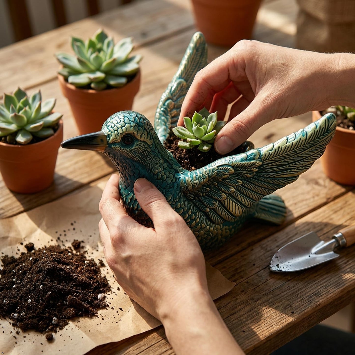 Bird-Shaped Succulent Flower Pot, Resin Decorative Flower Pot, Cute Animal Plant Pot for Indoor Outdoor Plants, Garden Desk Windowsill Decor, Unique Gift for Fowl Lovers (Hummingbird)