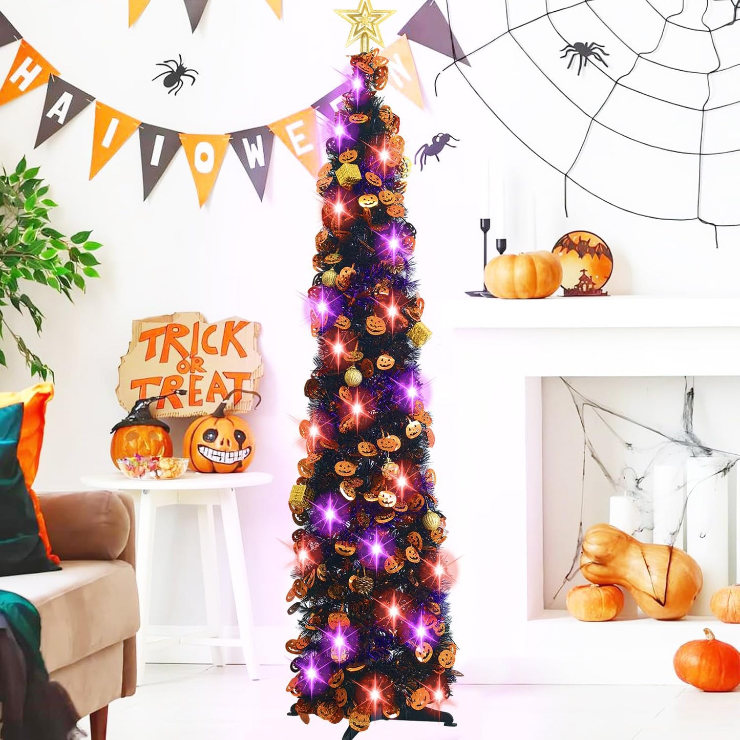 Halloween Tree Decorations with 100LED Lights 5FT Pop Up Tree with Hanging Pumpkin＆12 Pcs Ornaments, Tinsel Collapsible Artificial Pencil Tree Holiday Decoration for Home, Black Purple
