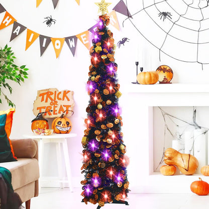 Halloween Tree Decorations with 100LED Lights 5FT Pop Up Tree with Hanging Pumpkin＆12 Pcs Ornaments, Tinsel Collapsible Artificial Pencil Tree Holiday Decoration for Home, Black Purple