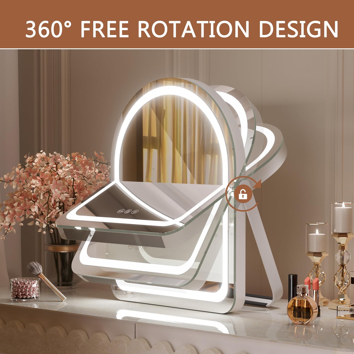 Hasipu Vanity Mirror with Lights, 11"× 14" Arched LED Makeup Mirror, Lighted Makeup Mirror with Lights, Smart Touch Control Dimmable 3 Modes Light 360°Rotation White