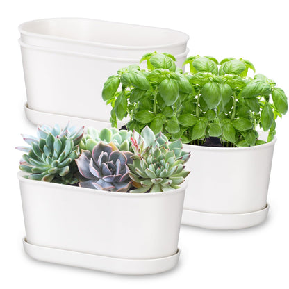 Oliz Set of 4 White Oval Window Sill Planters with Drainage Holes and Trays（7 Inch） for Herbs Basil Orchids Succulents, Modern Herb Garden Planter for Indoor/Outdoor Plants
