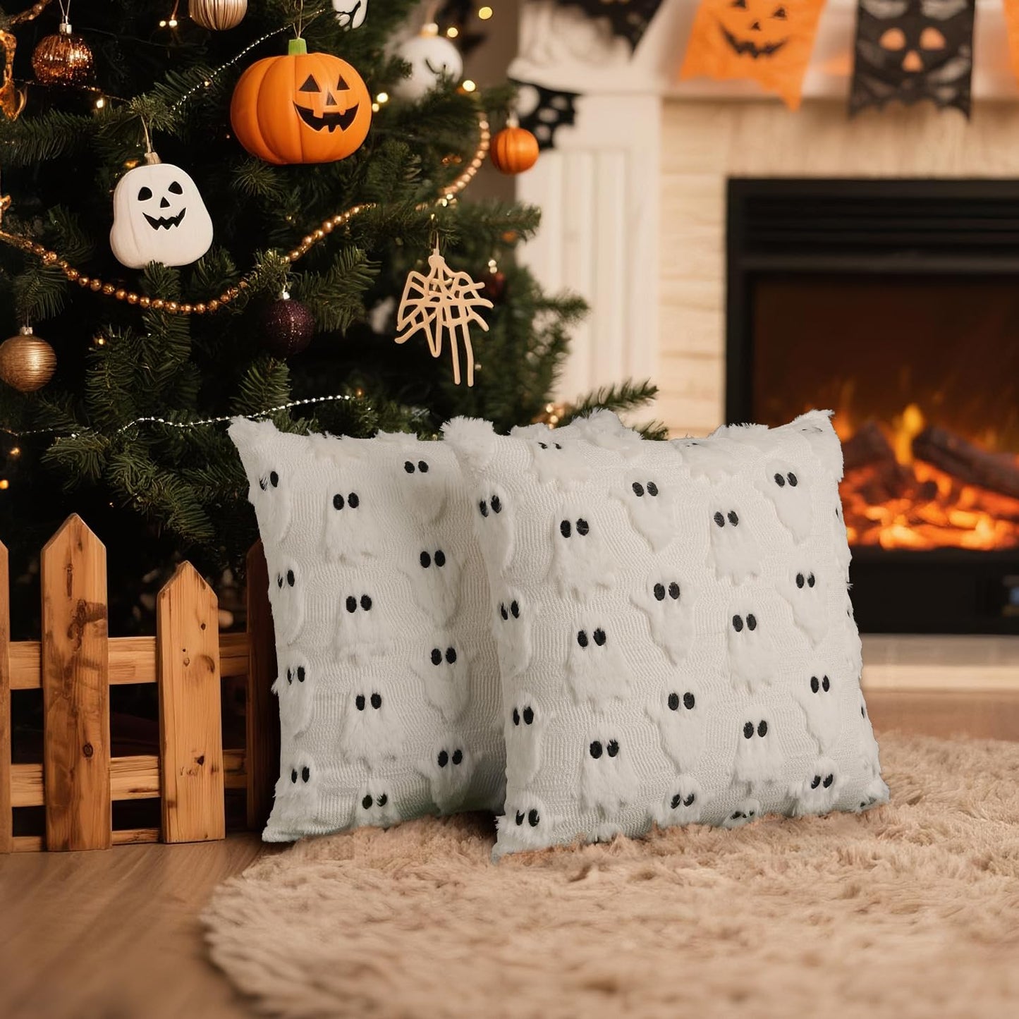 Artmag Halloween Ghost Pillow Covers 22x22 Set of 2, Soft Plush Faux Farmhouse Throw Pillow Cases for Fall Thanksgiving Halloween Holiday Decorations White