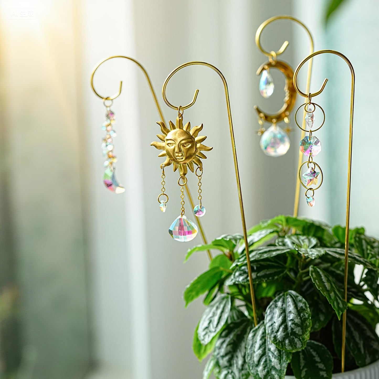 HDCRYSTALGIFTS 6PCS Small Trellis with Crystal Sun Catchers for Potted Plants, 13.5inch Fairy Garden Plant Stakes Suncatchers for Mini Potted Indoor Outdoor Decorations (Sun & Moon Styles)