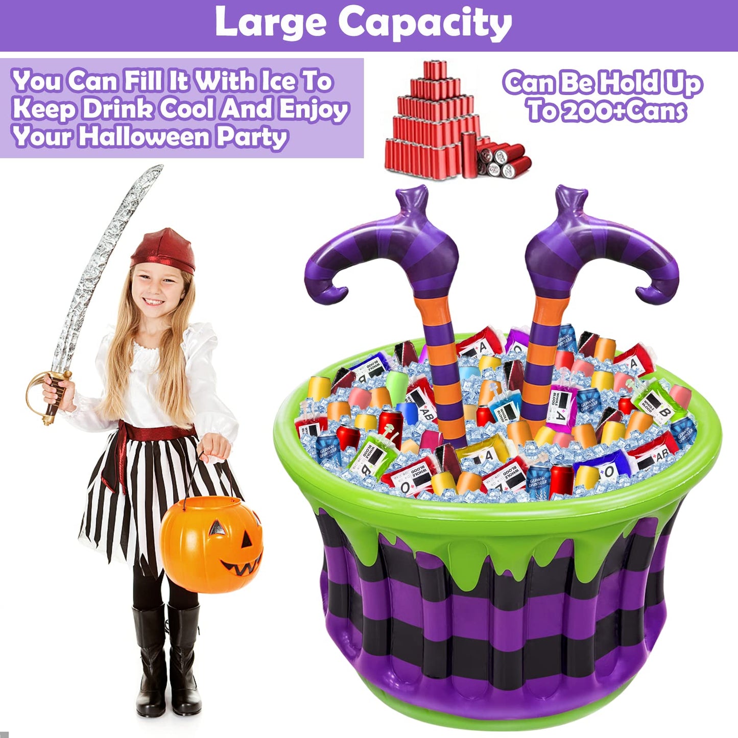 TURNMEON Halloween Inflatable Witch Legs Cauldron Cooler, 200+ Cans Super Capacity Drink Cooler, 40" Halloween Party Decorations for Holiday Party Home Indoor Outdoor Garden Lawn Yard